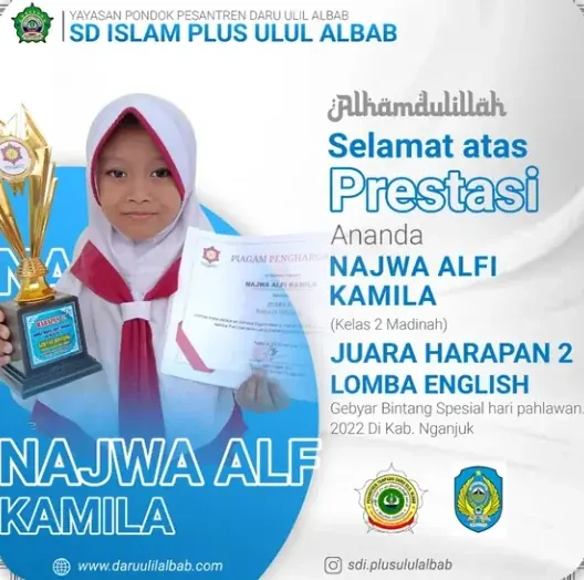 Poster prestasi: Juara Harapan 2 Lomba English, Gebyar Bintang Spesial Hari Pahlawan — Najwa Alfi Kamila · Kelas 2 Madinah, SD Islam Plus