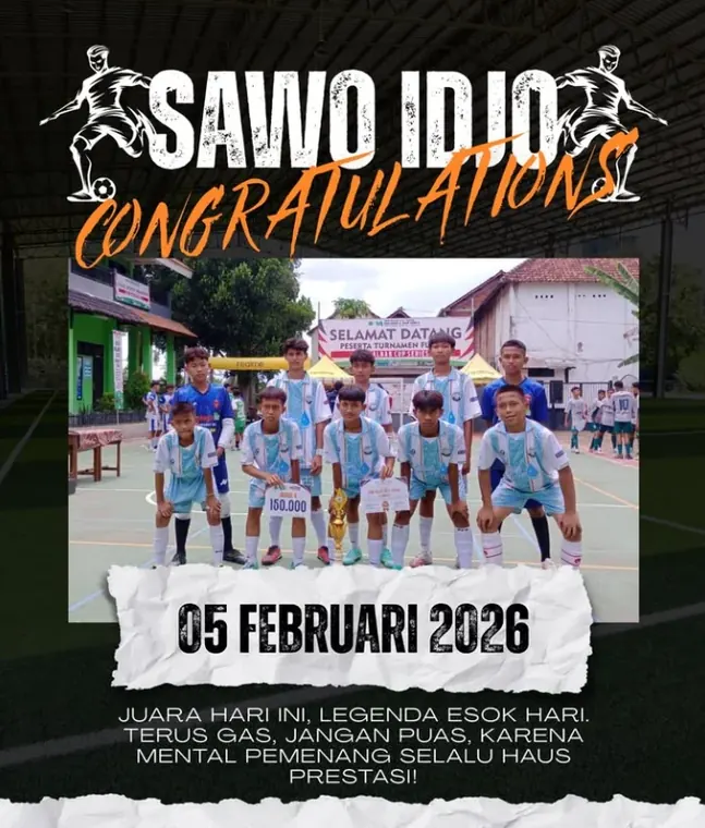 Poster prestasi: Juara Turnamen Futsal Sawo Idjo (5 Februari 2026) — Tim Futsal Menyal Sawo Idjo Ku
