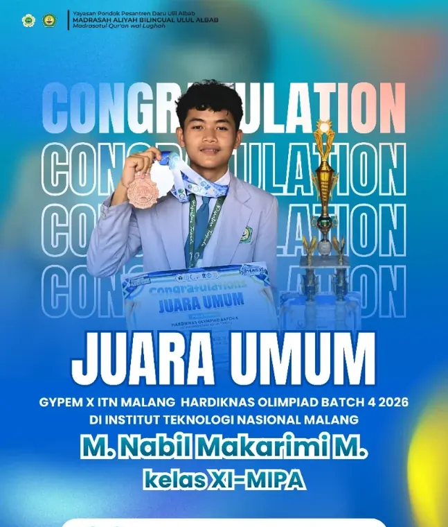 Poster prestasi: Juara Umum Hardiknas Olimpiad Batch 4 (GYPEM x ITN Malang) — M. Nabil Makarimi M. · Kelas XI MIPA, MA Bilingual