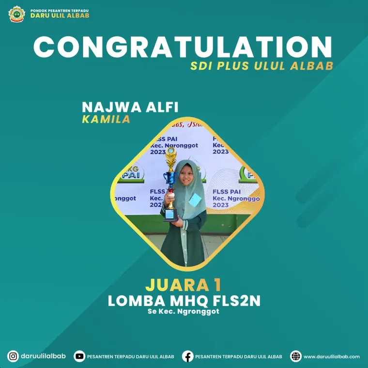 Poster prestasi: Juara 1 Lomba MHQ FLS2N se-Kec. Ngronggot — Najwa Alfi Kamila · SD Islam Plus Ulul Albab