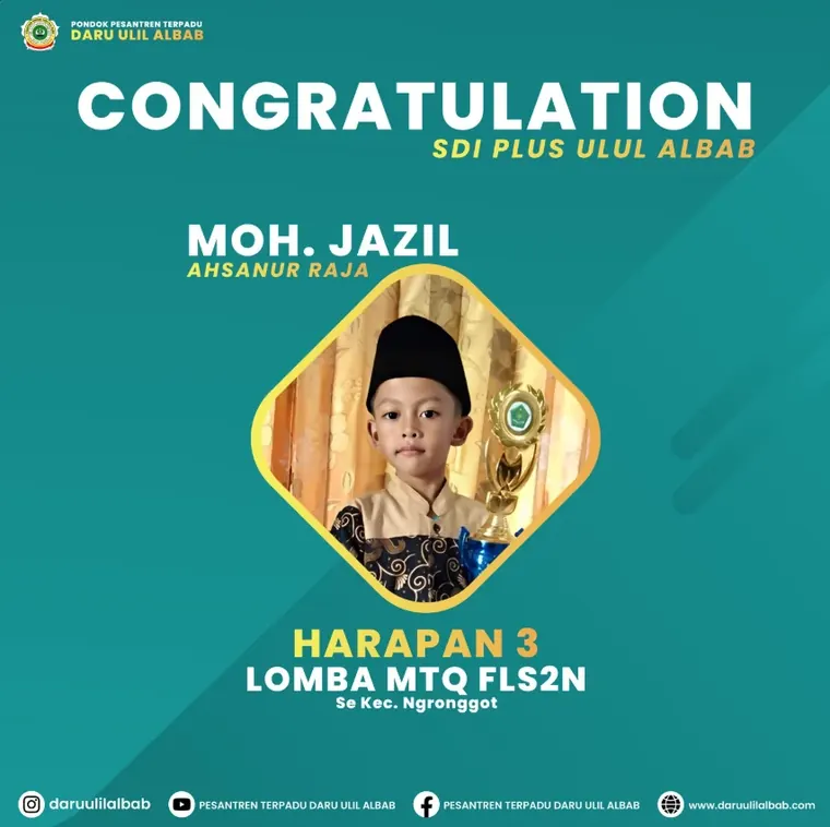 Poster prestasi: Harapan 3 Lomba MTQ FLS2N se-Kec. Ngronggot — Moh. Jazil Ahsanur Raja · SD Islam Plus Ulul Albab