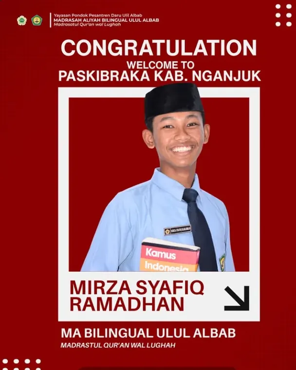 Poster prestasi: Terpilih Anggota Paskibraka Kab. Nganjuk — Mirza Syafiq Ramadhan · MA Bilingual
