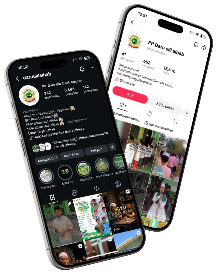 Tampilan akun Instagram dan TikTok Pesantren Daru Ulil Albab di ponsel